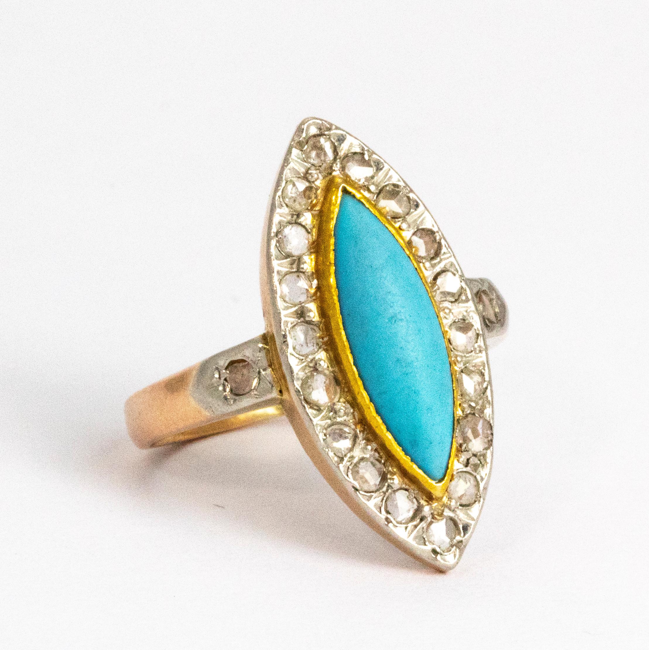 Women's or Men's Antique Turquoise and Rose Cut Diamond 18 Carat Gold Ring