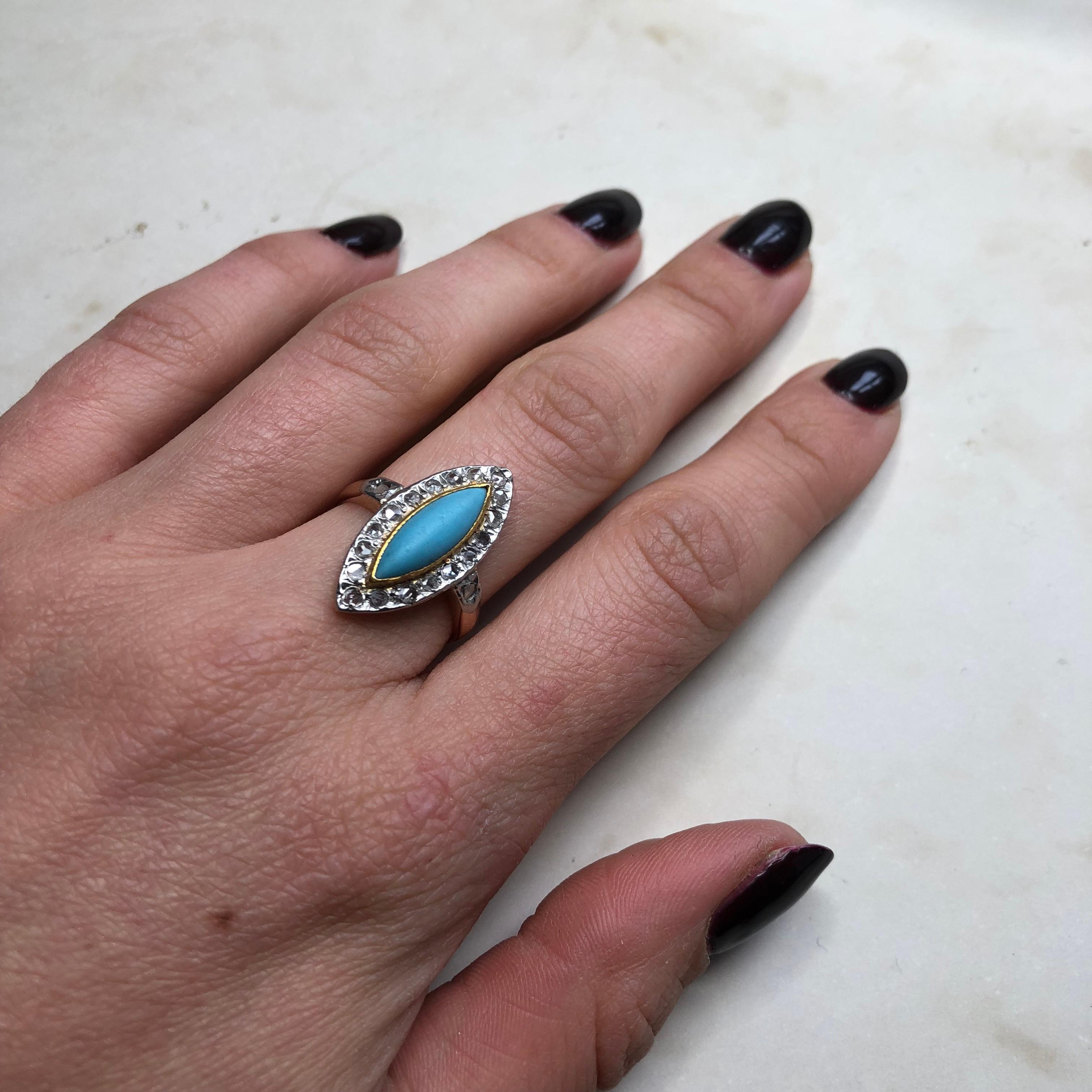 Antique Turquoise and Rose Cut Diamond 18 Carat Gold Ring 2