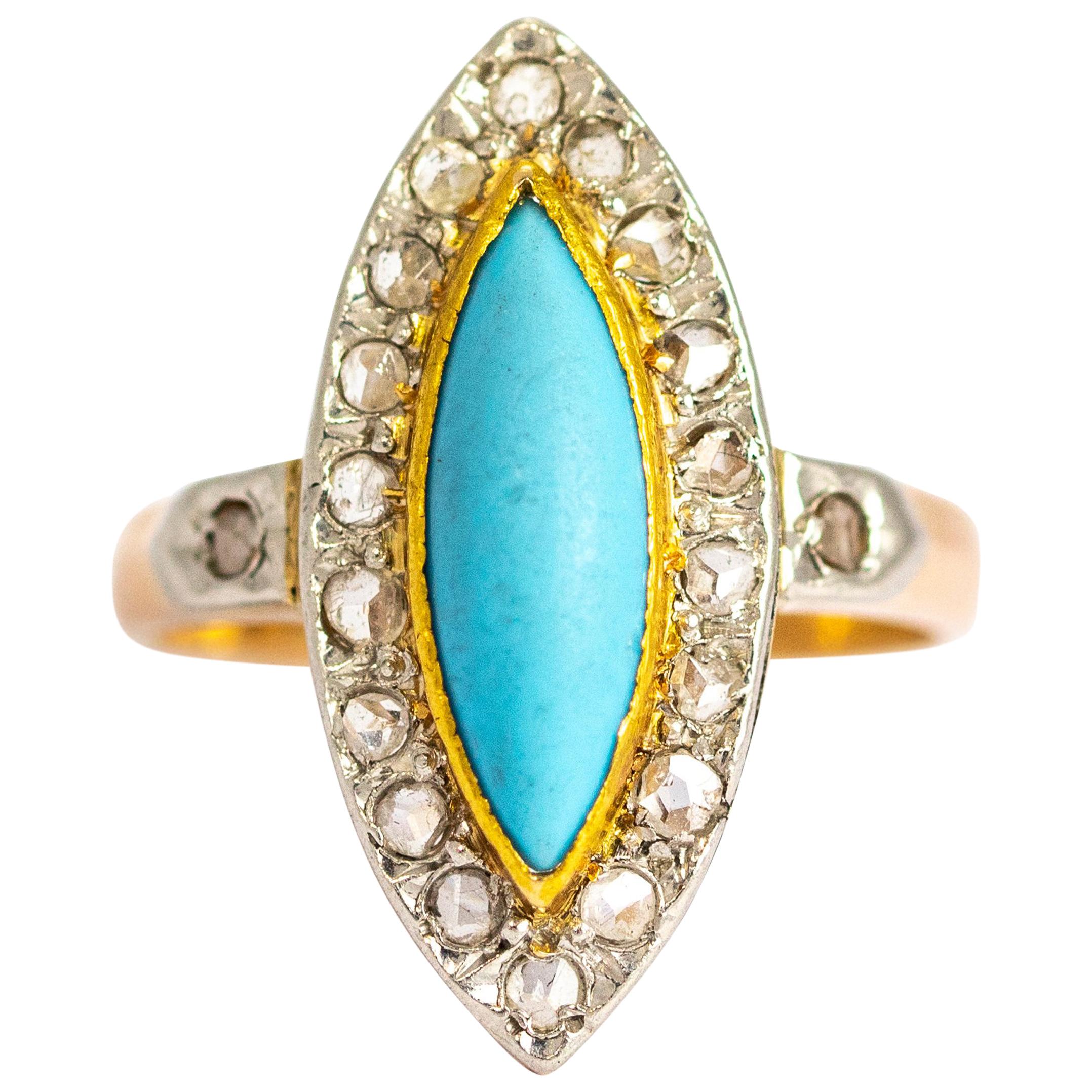 Antique Turquoise and Rose Cut Diamond 18 Carat Gold Ring