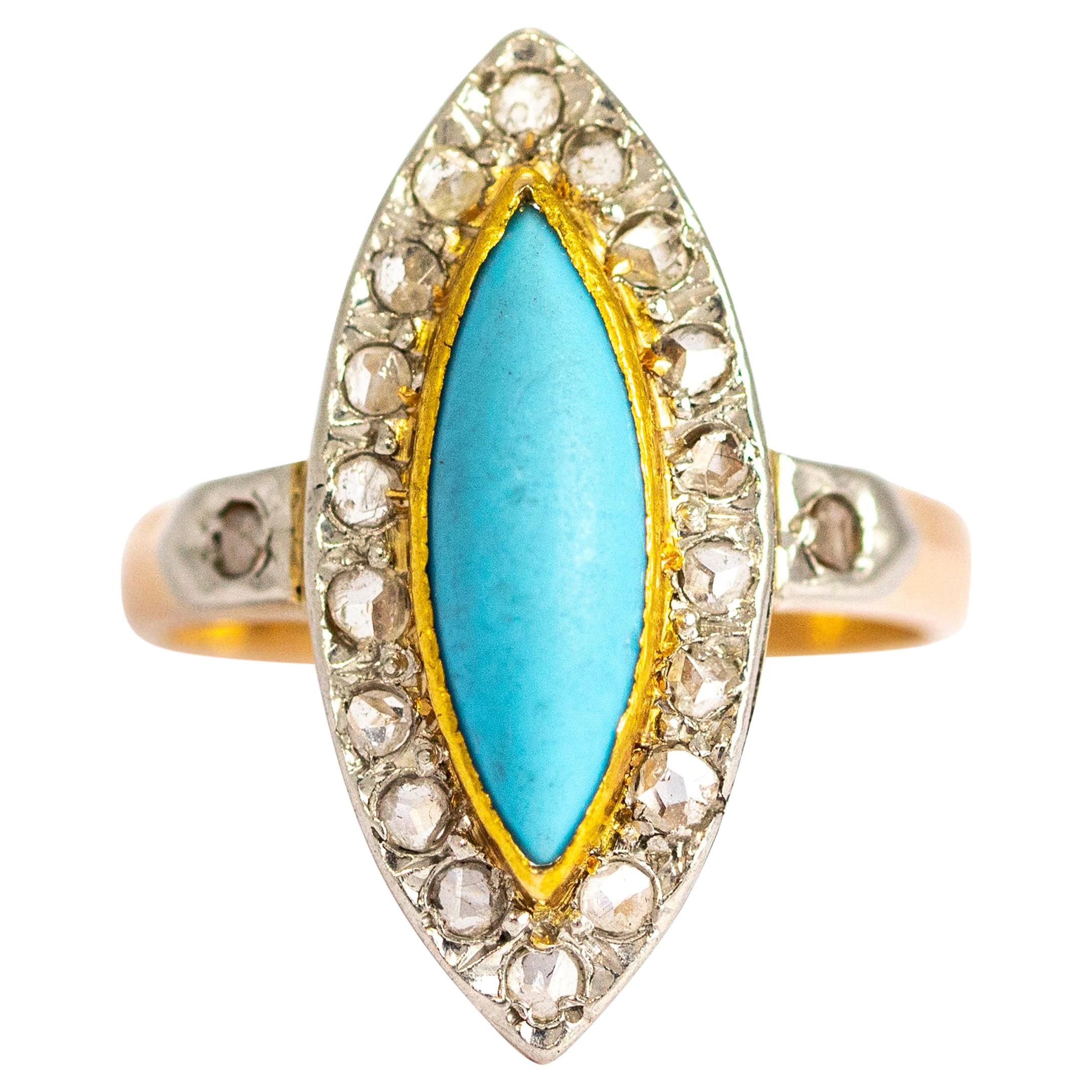 Antique Turquoise and Rose Cut Diamond 18 Carat Gold Ring