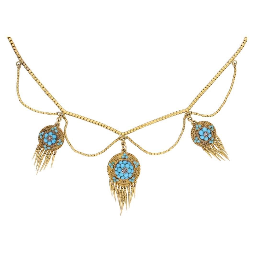 Antique turquoise and rose cut diamond necklace, circa 1870. For Sale
