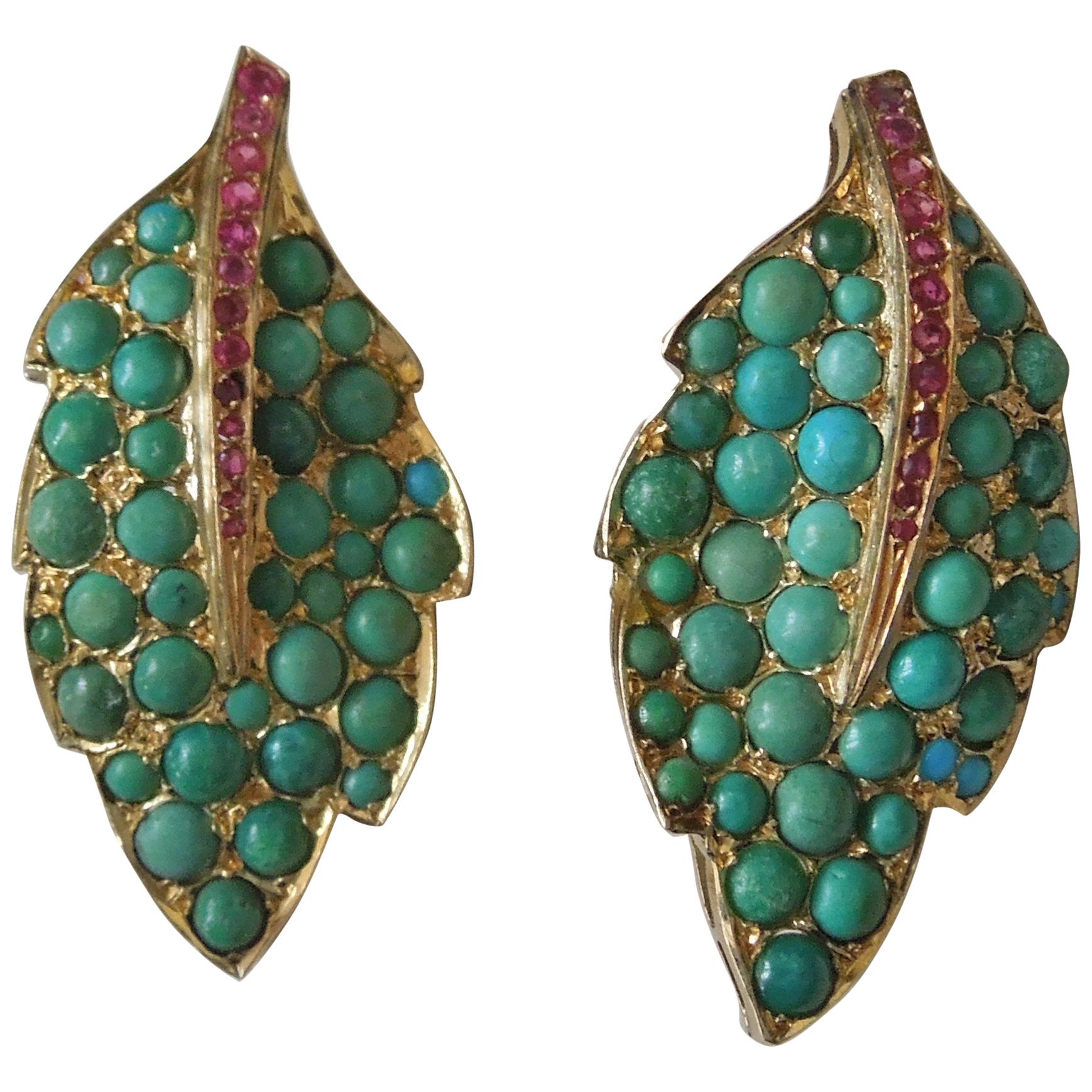 Antique Turquoise and Ruby Earrings For Sale