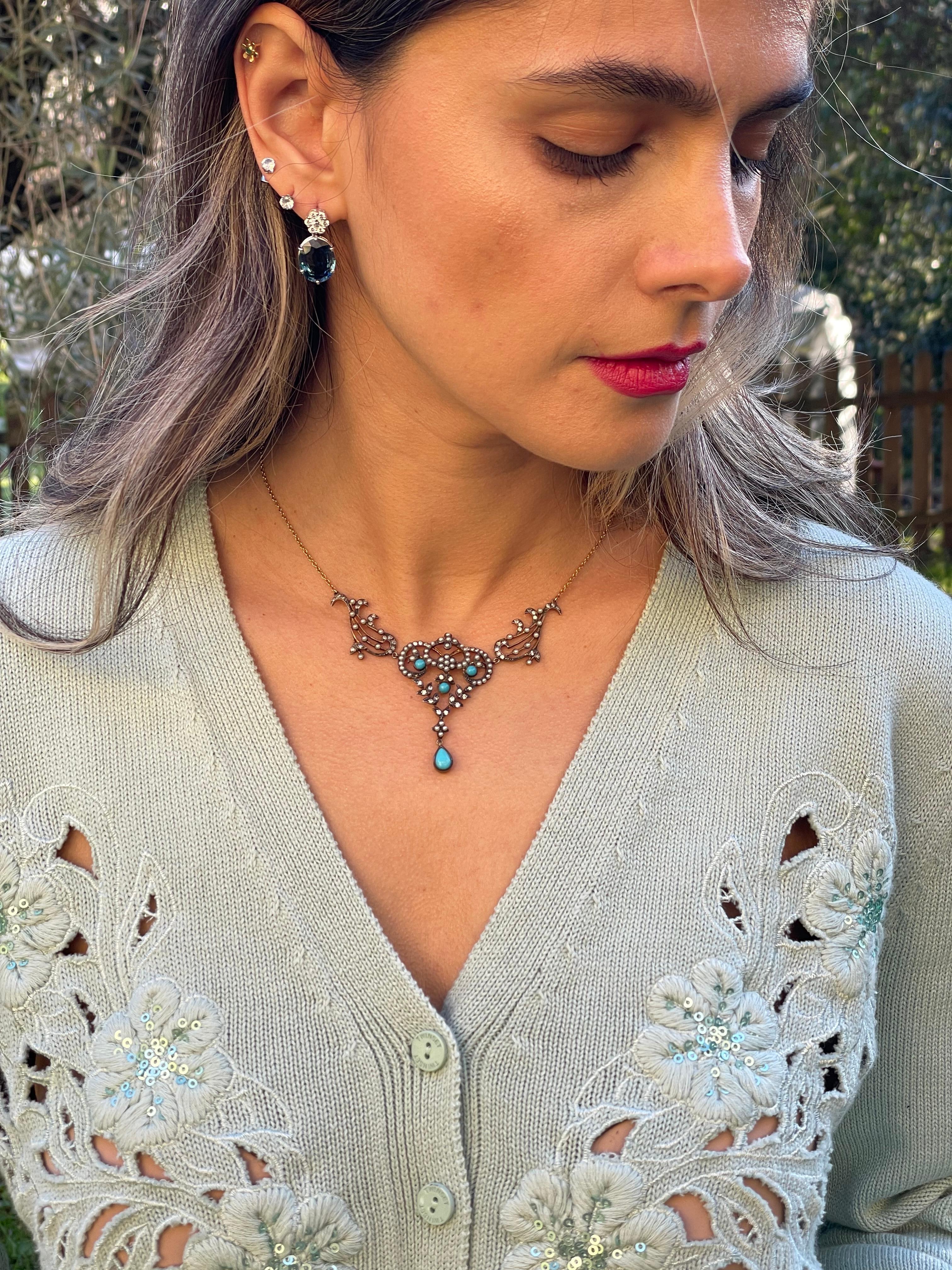 Collier ancien avec turquoise naturelle, perles et diamants 