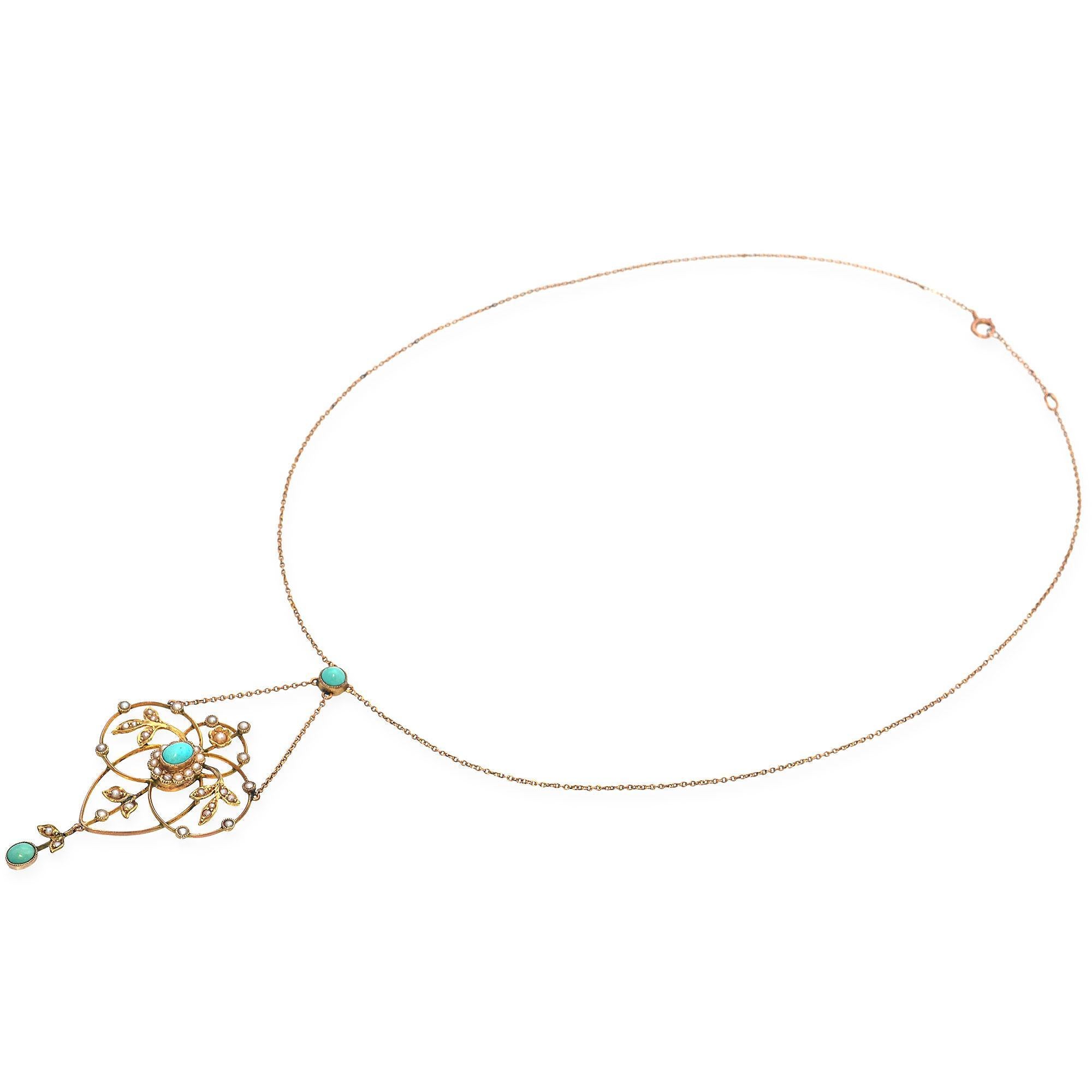 Victorian Antique Turquoise and Seed Pearl Lavalier Necklace