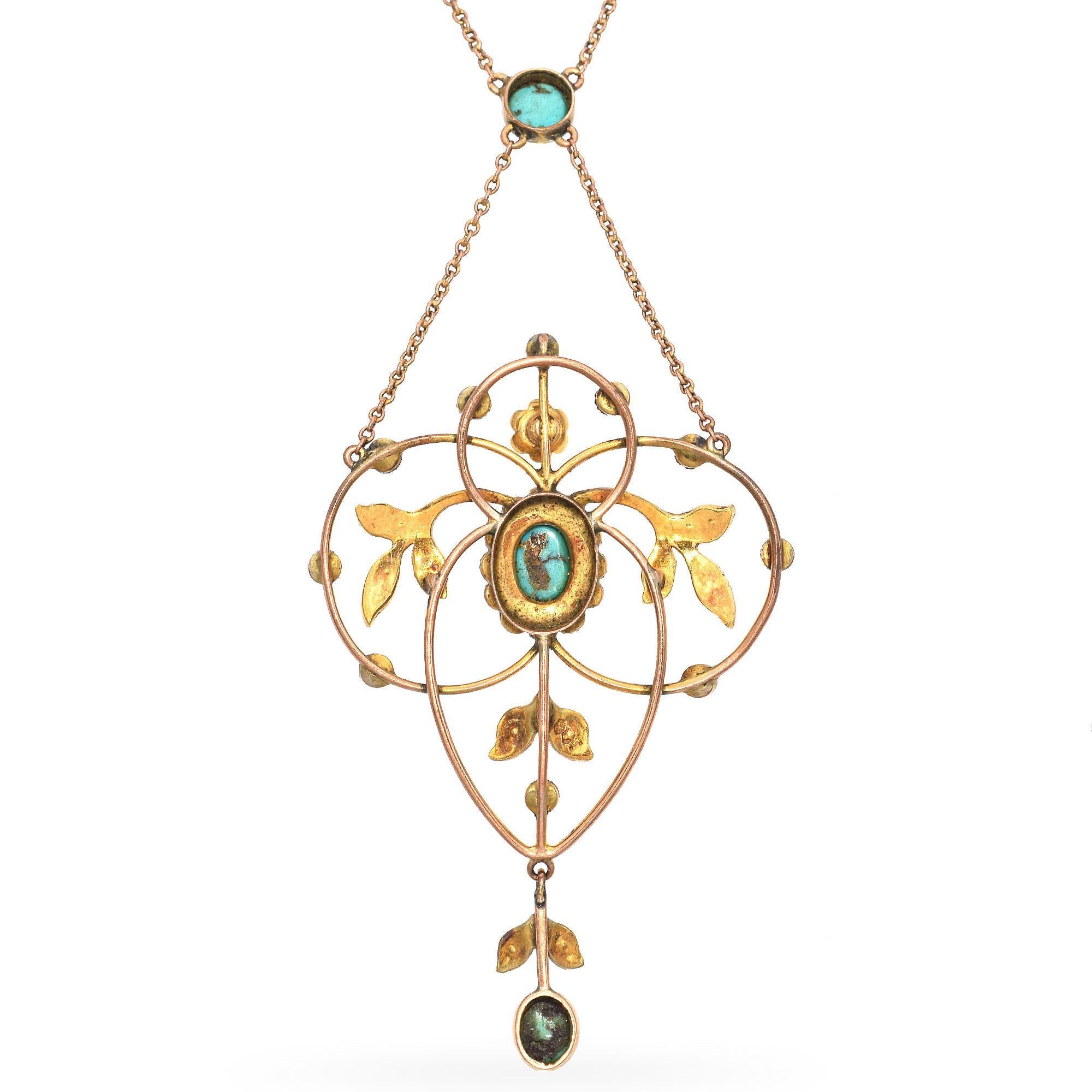 Cabochon Antique Turquoise and Seed Pearl Lavalier Necklace