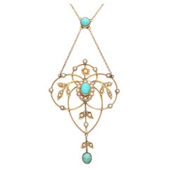 Antique Turquoise and Seed Pearl Lavalier Necklace
