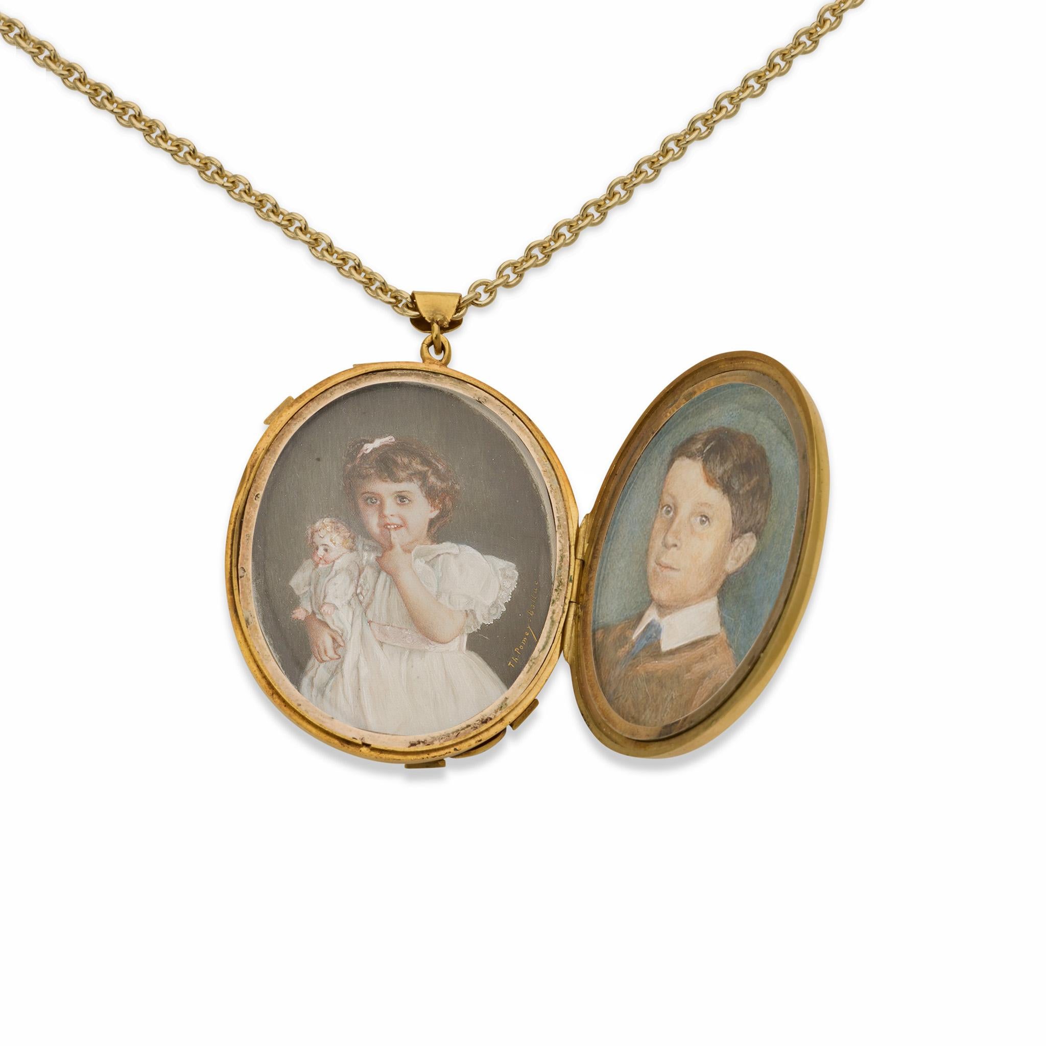 Created in the 1870s-1880s, this pendant locket is composed of turquoise, split seed pearls, and 15K gold. The oval pendant is diagonally set with intertwined braids of cabochon turquoise flanked by split seed pearls and a sawtooth motif, opening to