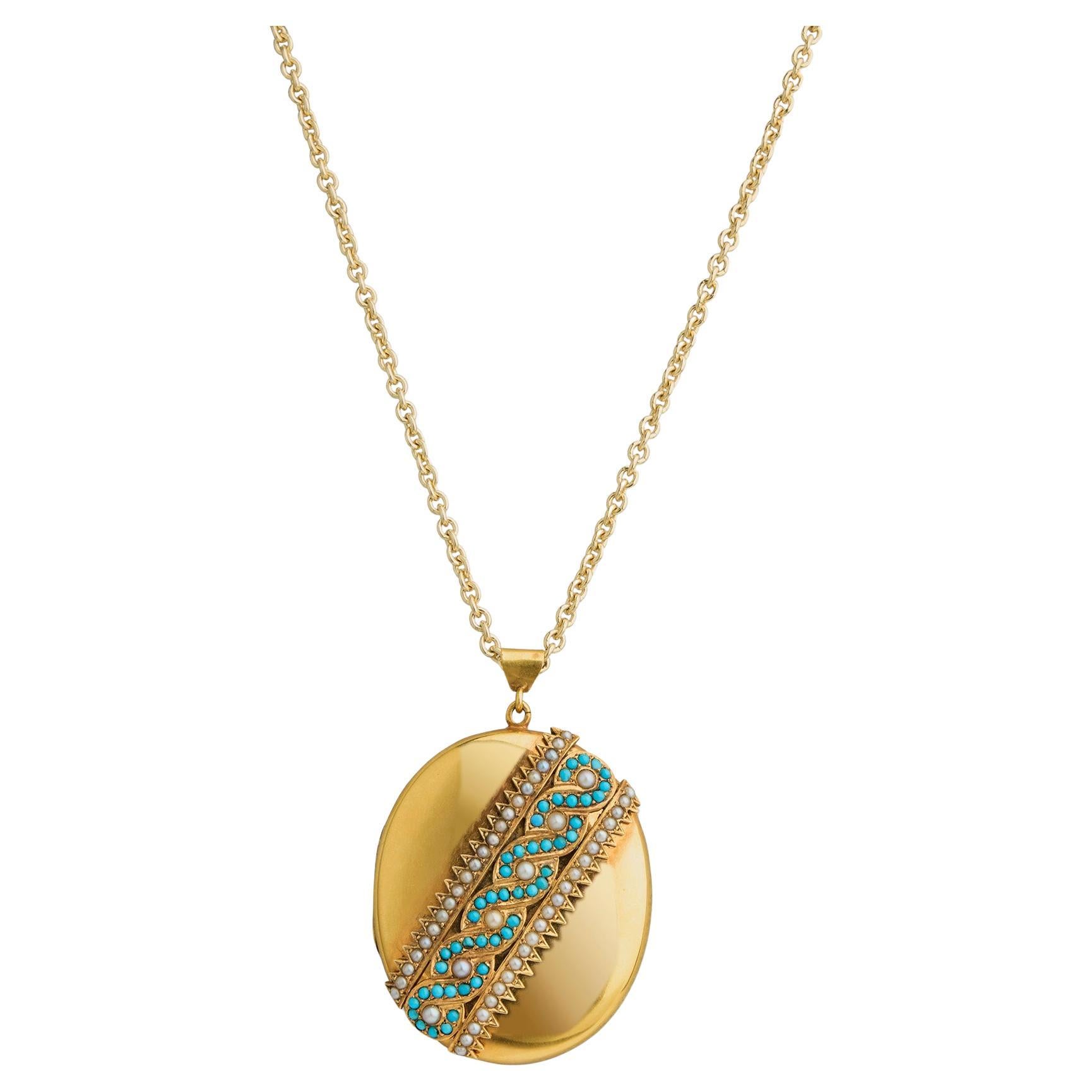 Antique Turquoise and Seed Pearl Pendant Locket For Sale