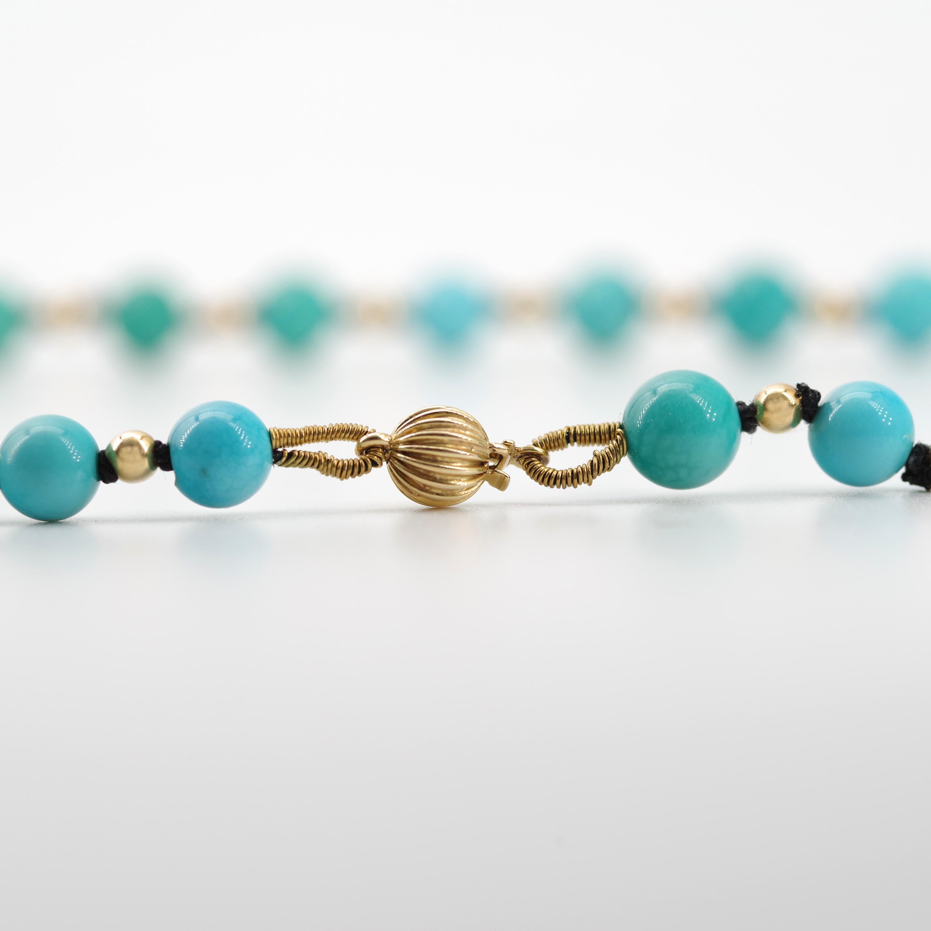 Antique Turquoise Bead Necklace with Gold Beads and Clasp In Excellent Condition In Southbury, CT