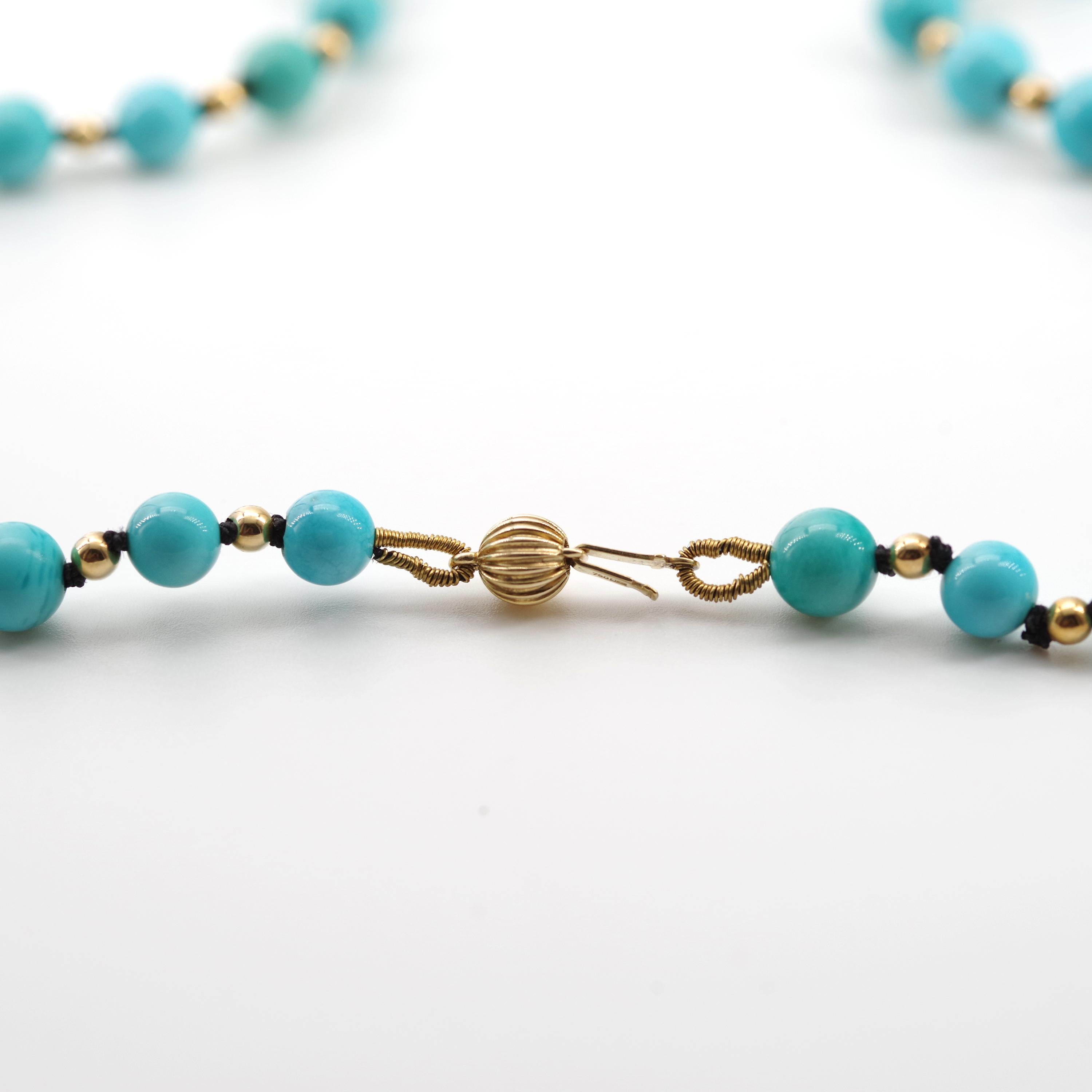 Women's or Men's Antique Turquoise Bead Necklace with Gold Beads and Clasp
