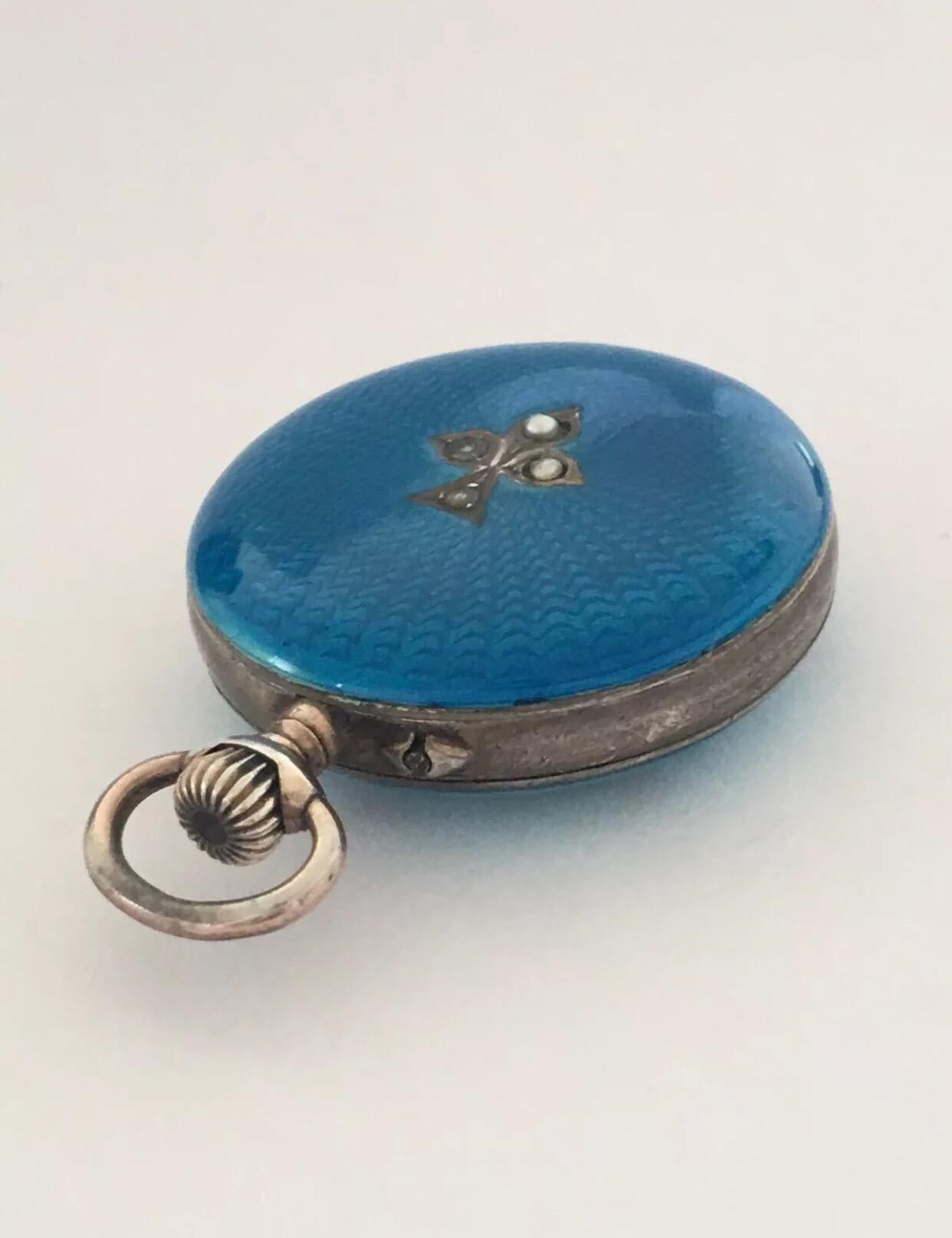 Antique Turquoise or Blue Enamel Silver Fob Watch 3