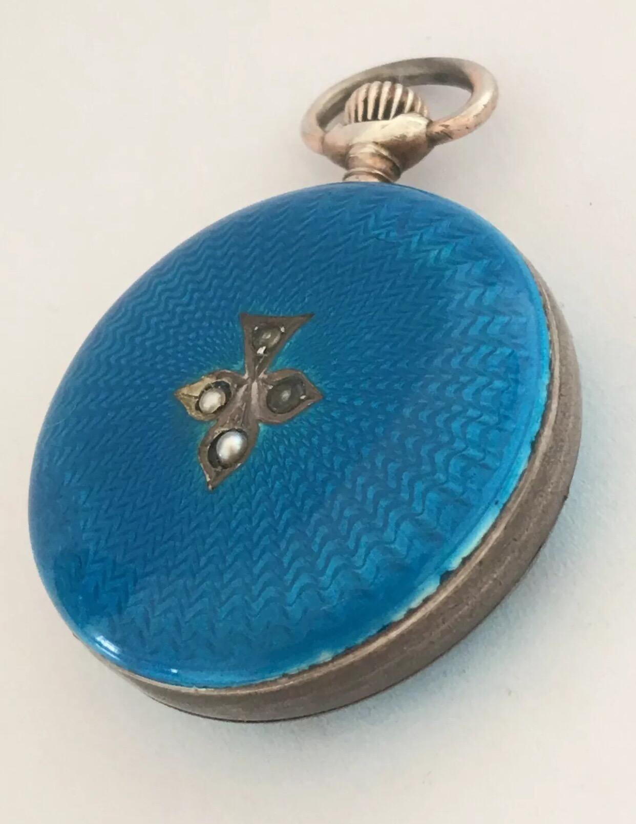 Antique Turquoise or Blue Enamel Silver Fob Watch In Fair Condition In Carlisle, GB