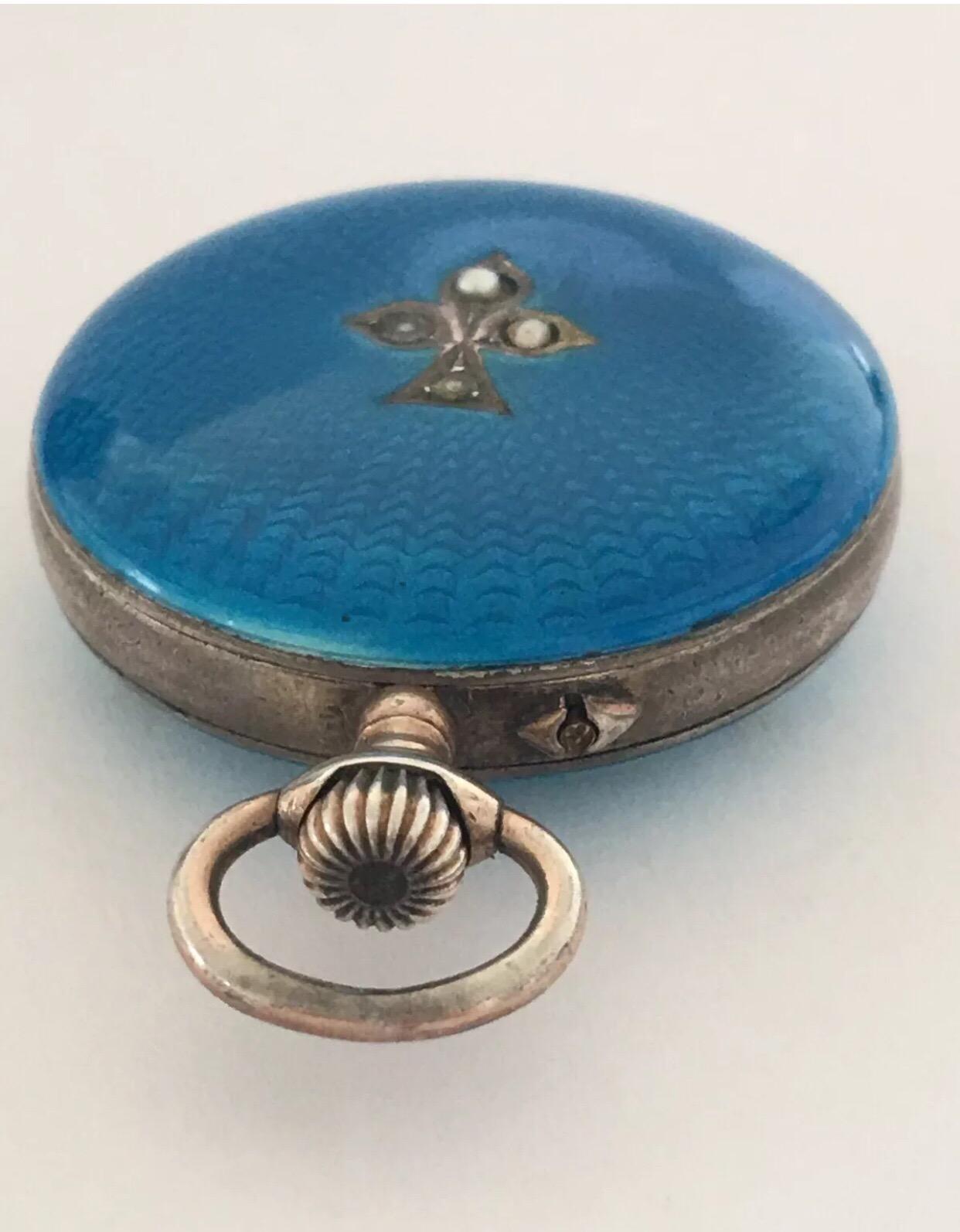 Women's or Men's Antique Turquoise or Blue Enamel Silver Fob Watch