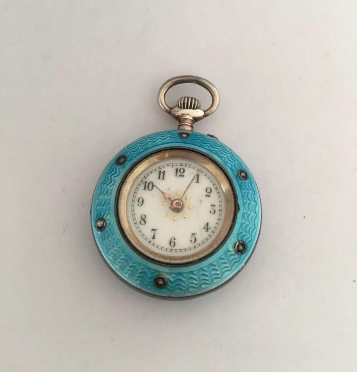 Antique Turquoise or Blue Enamel Silver Fob Watch 2