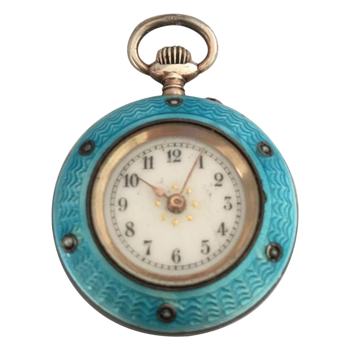 Antique Turquoise or Blue Enamel Silver Fob Watch