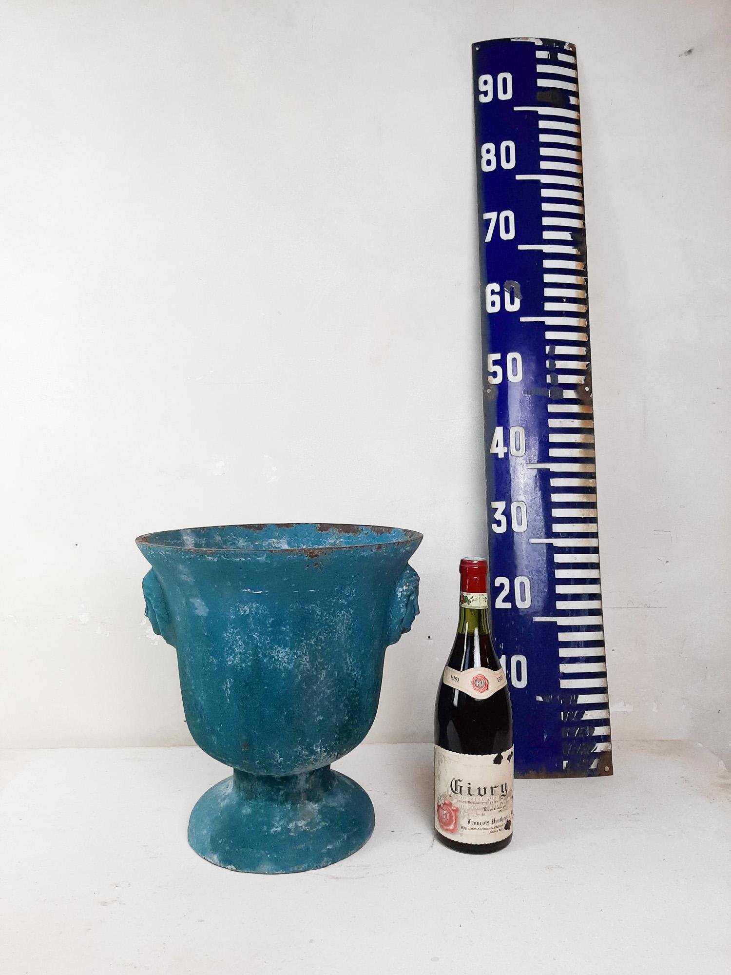 Antique Turquoise Blue Enamelled Cast Iron Paris en Cie Vase For Sale 4