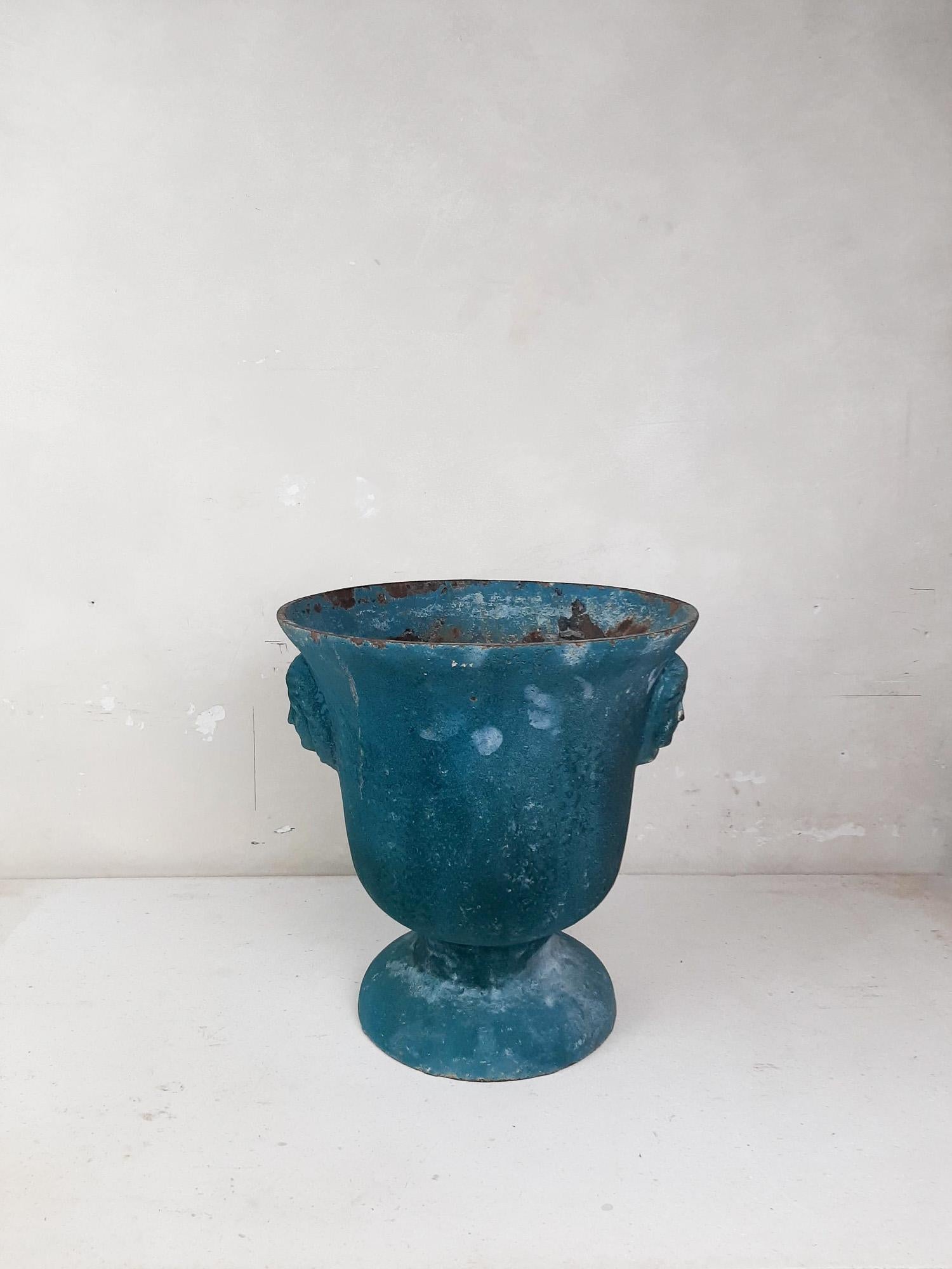 French Antique Turquoise Blue Enamelled Cast Iron Paris en Cie Vase For Sale