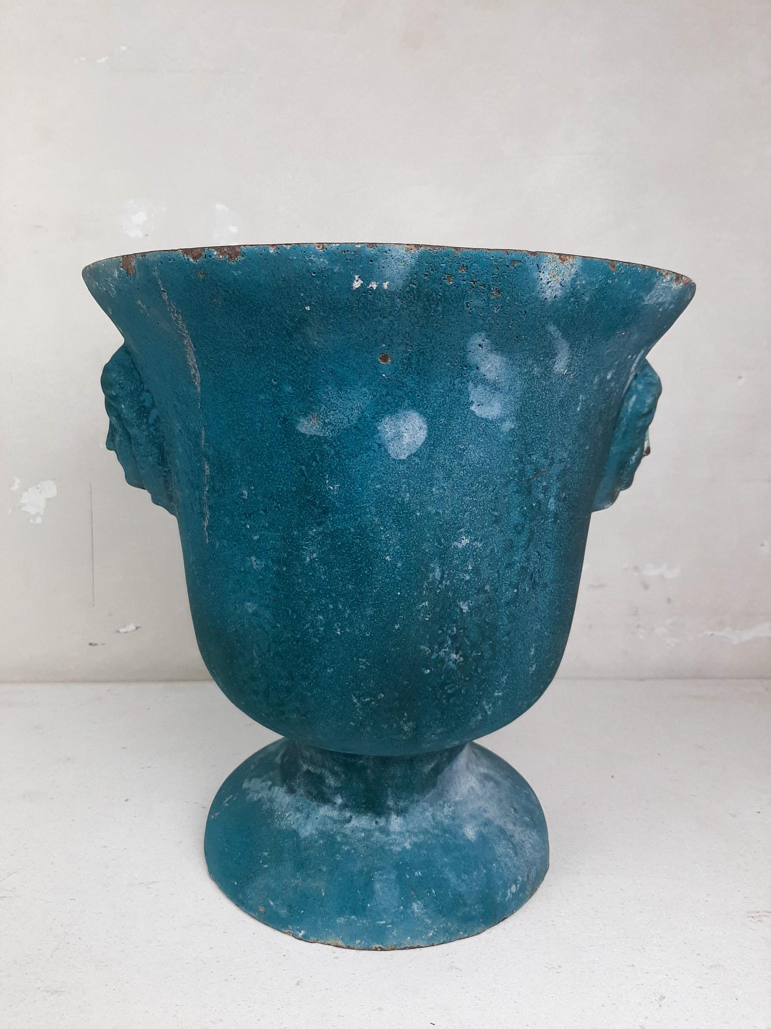 Antique Turquoise Blue Enamelled Cast Iron Paris en Cie Vase In Good Condition For Sale In Baambrugge, NL