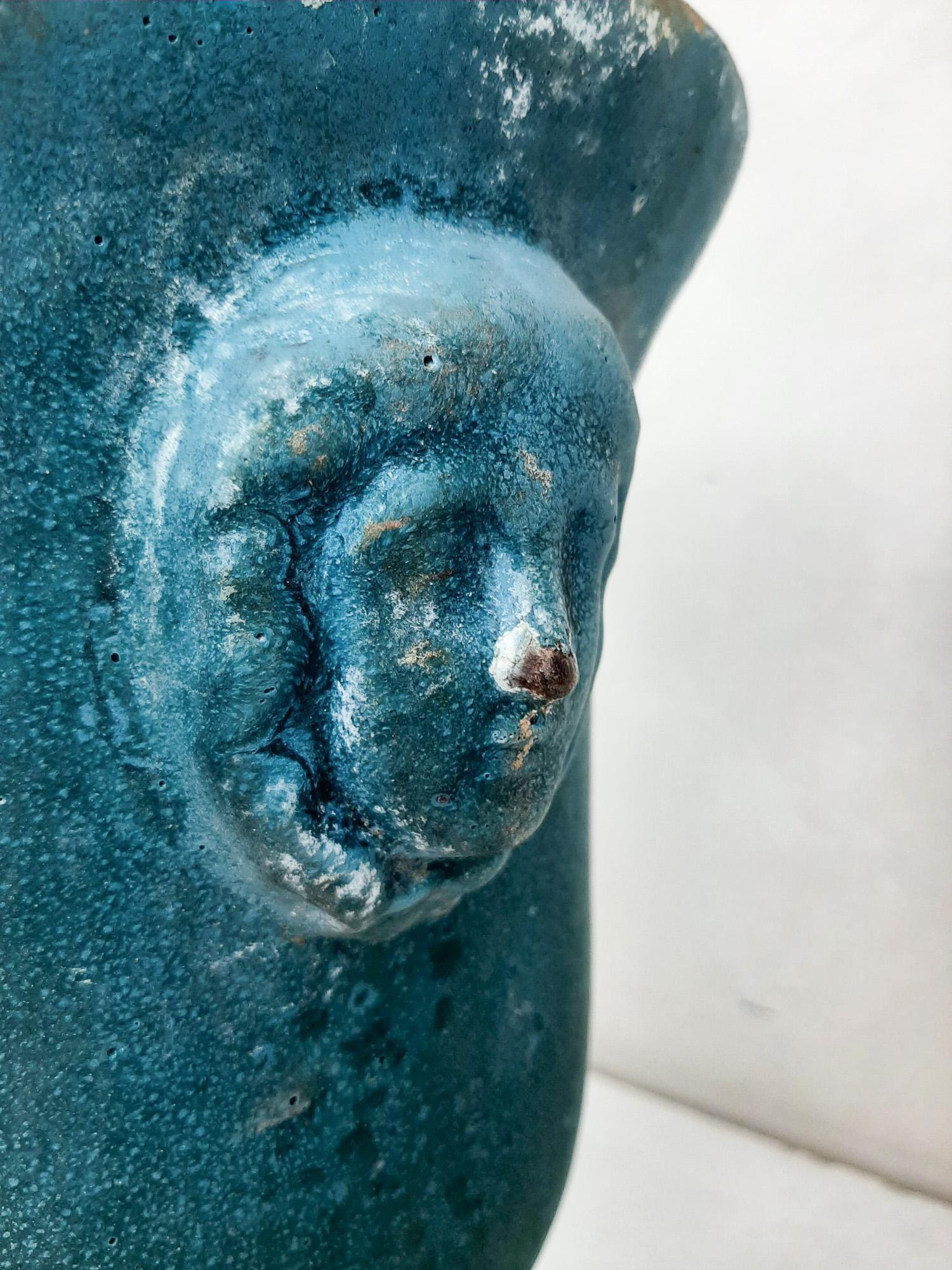 Antique Turquoise Blue Enamelled Cast Iron Paris en Cie Vase For Sale 1