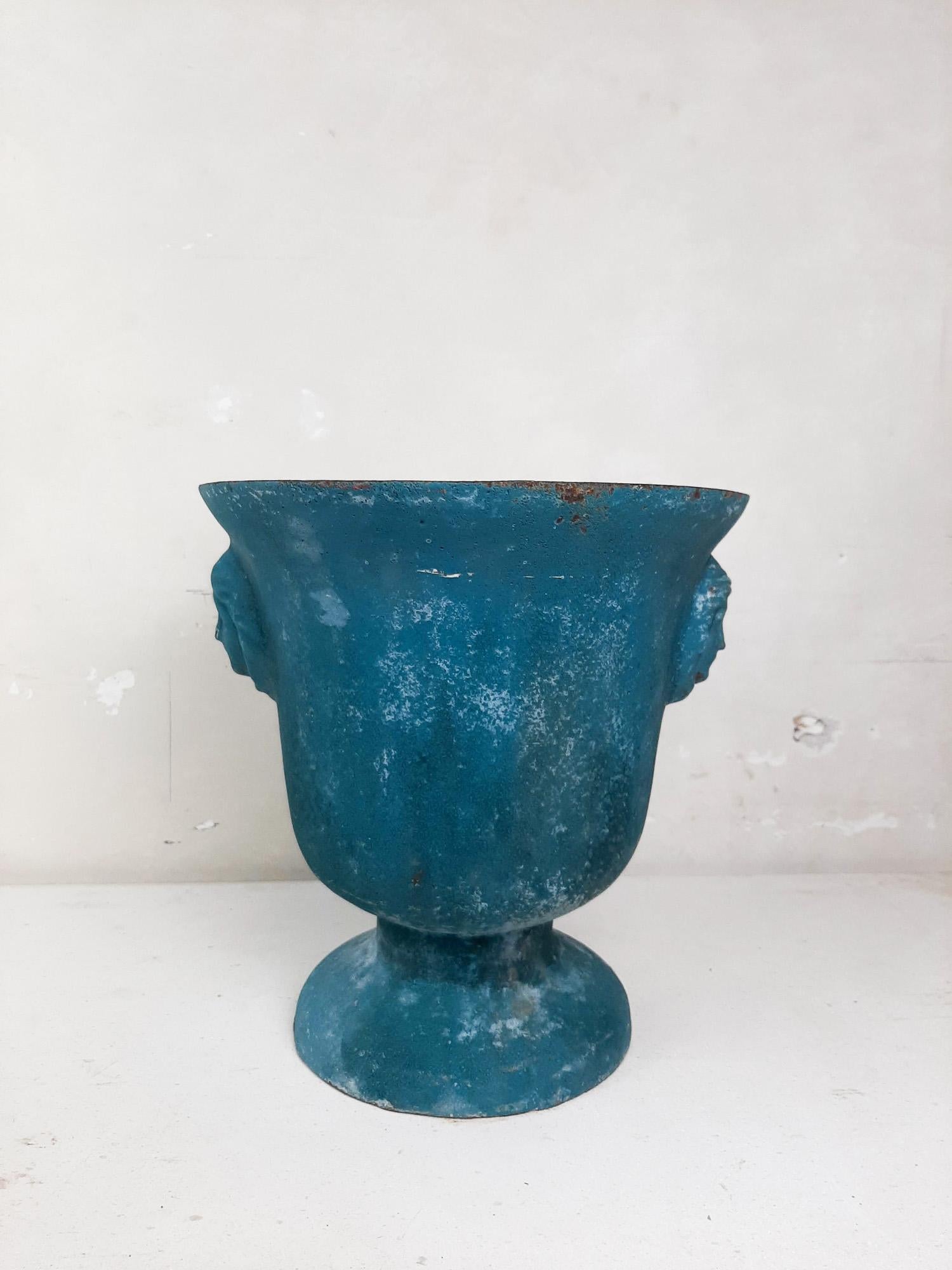 Antique Turquoise Blue Enamelled Cast Iron Paris en Cie Vase For Sale 3