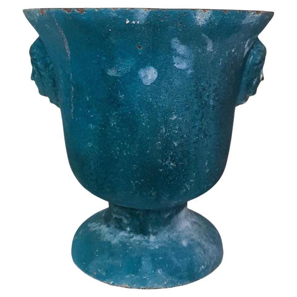 Antique Turquoise Blue Enamelled Cast Iron Paris en Cie Vase For Sale