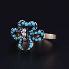 Antique Turquoise Bow Ring of 14k Gold & Silver