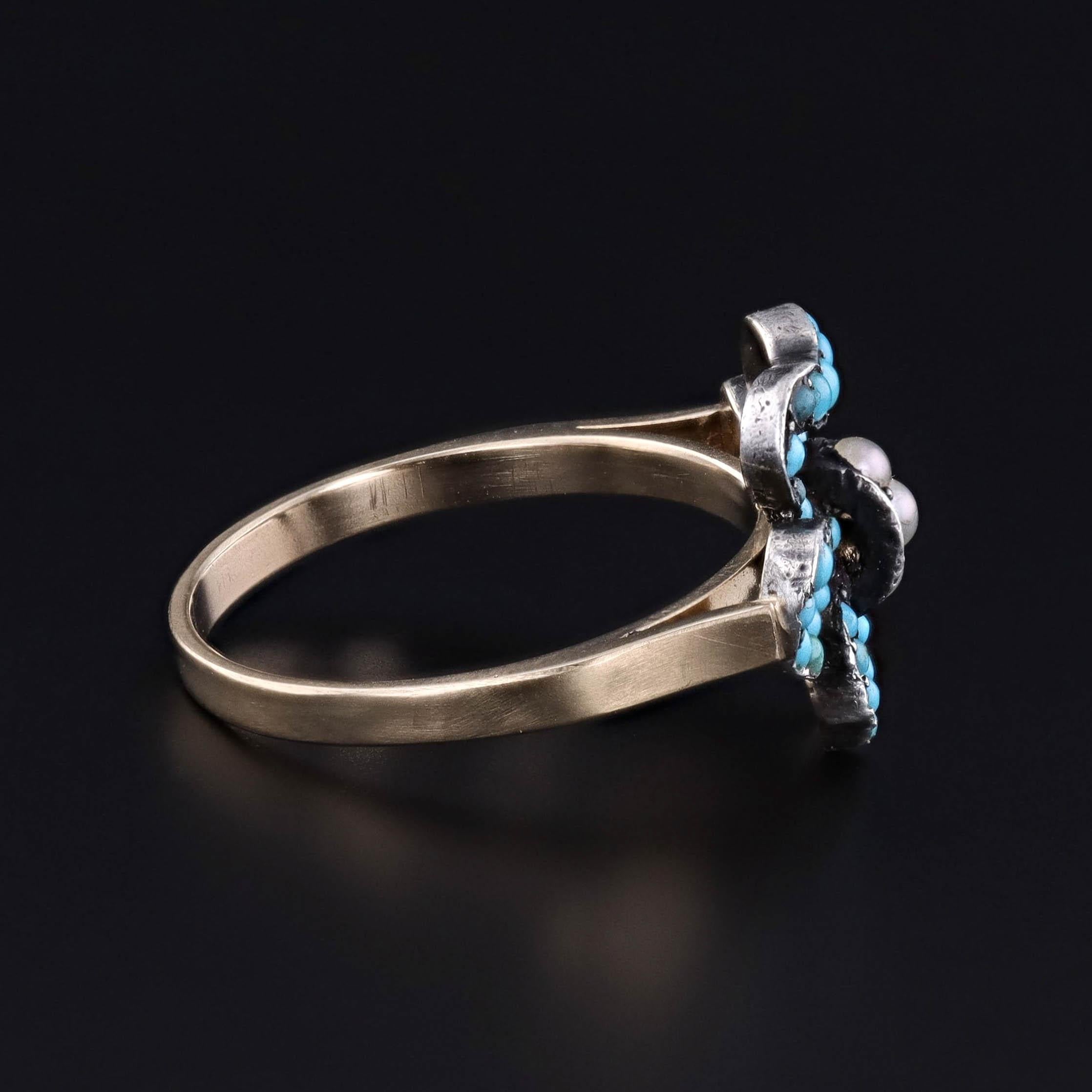Taille cabochon Bague ancienne en or 14k et argent avec nœud en turquoise en vente