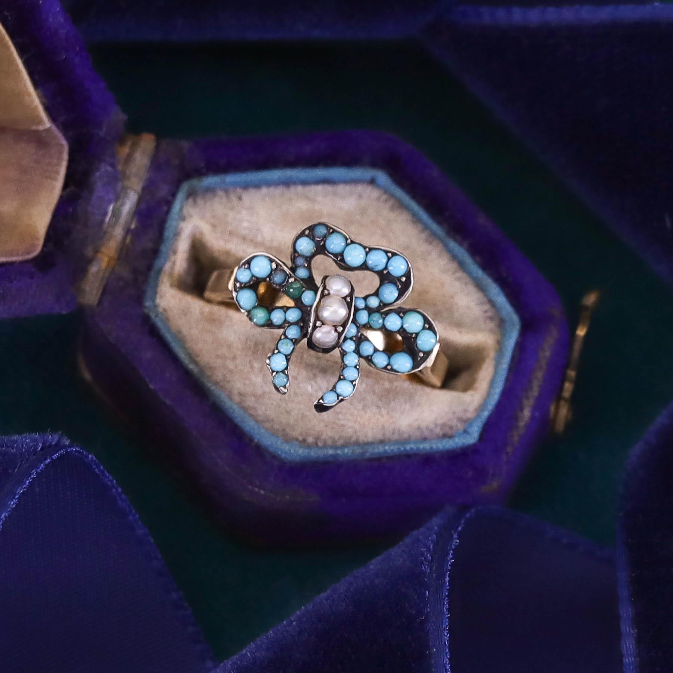 Bague ancienne en or 14k et argent avec nœud en turquoise Pour femmes en vente