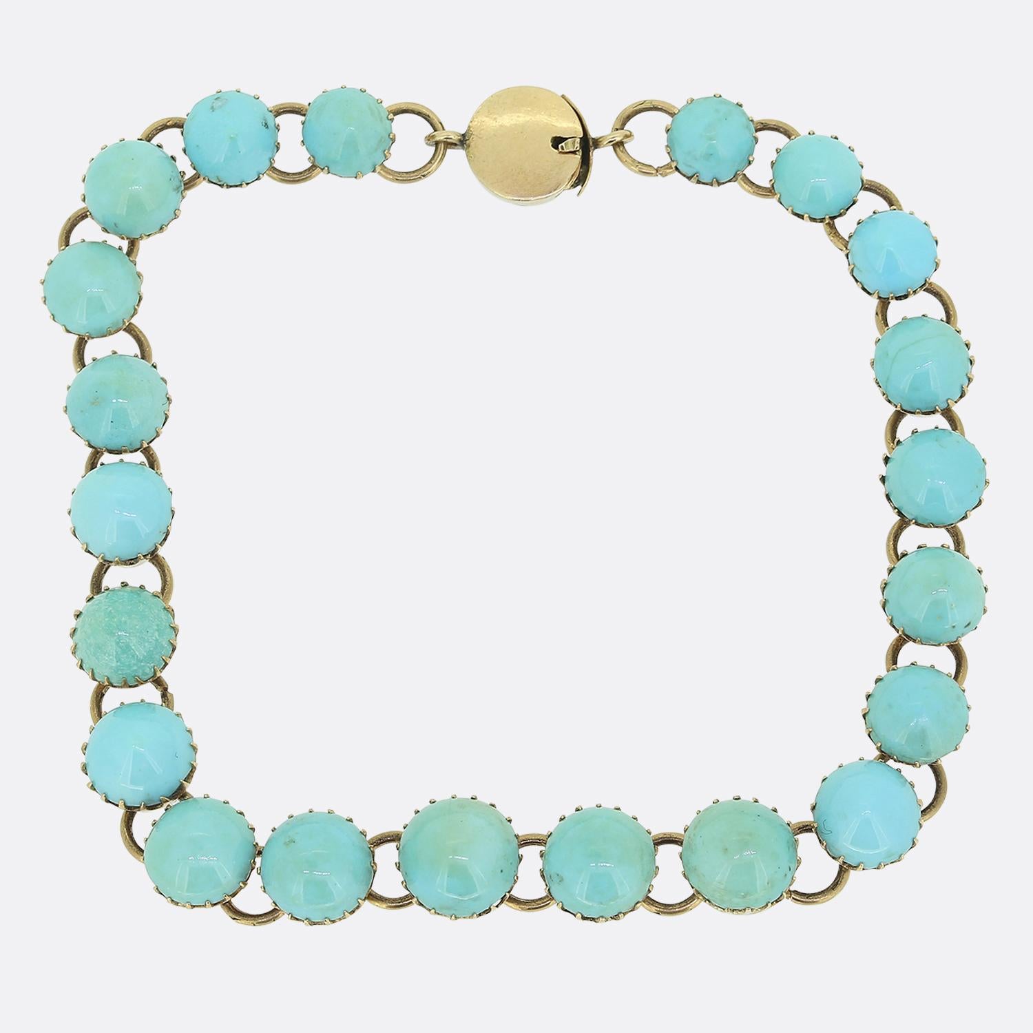 Here we have bold 15ct yellow gold bracelet taken from the Victorian era featuring vibrant blue turquoise stones. The design showcases a series of excellently matched turquoise, each set in a fine clawed setting and linked together to form a