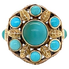 Antique Turquoise Cabochon 14K Yellow Gold Cocktail Ring 