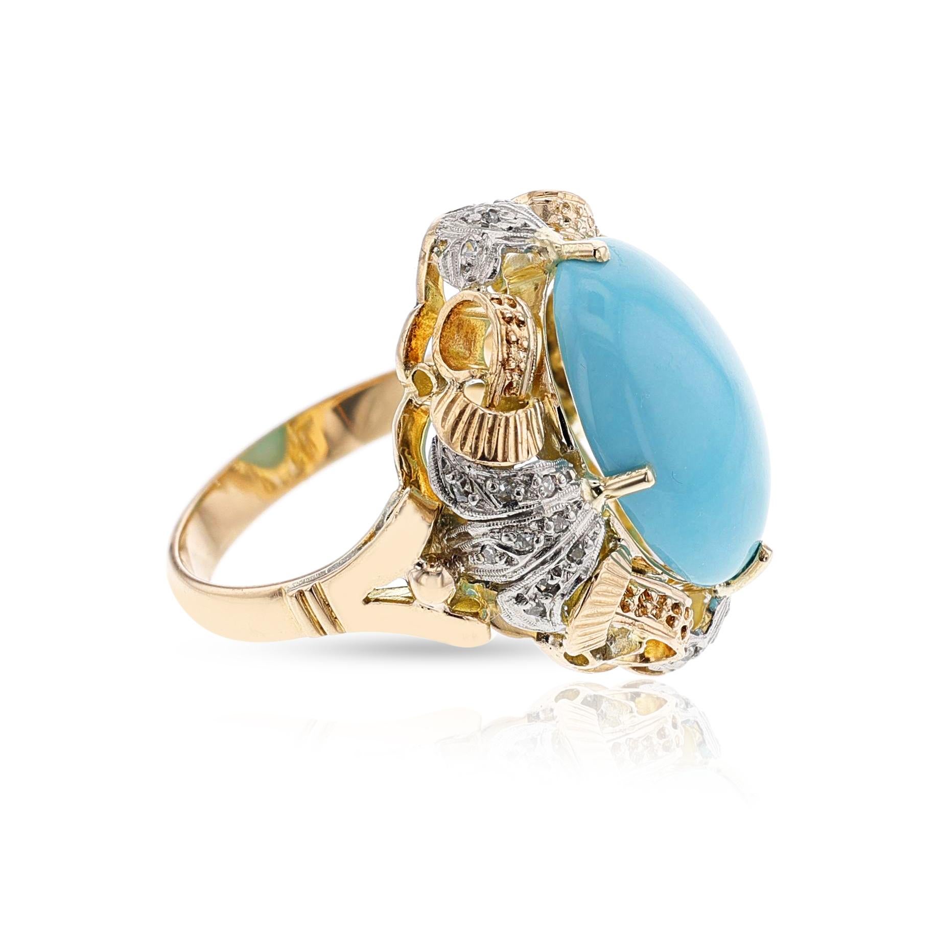 Women's or Men's Antique Turquoise Cabochon and Diamond Ring, 18k For Sale