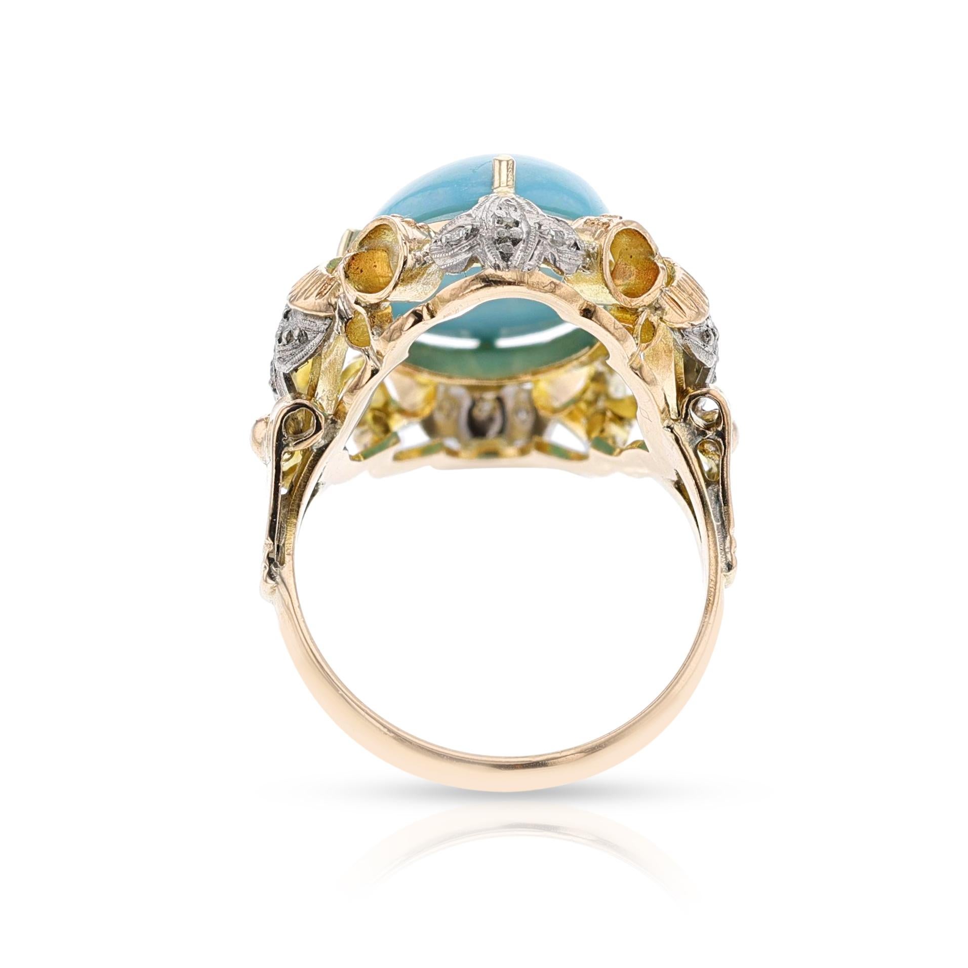Antique Turquoise Cabochon and Diamond Ring, 18k For Sale 1