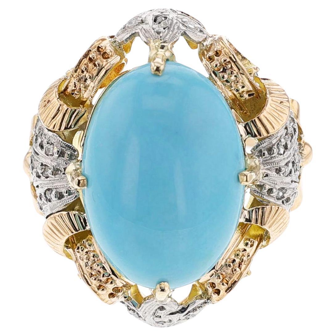 Antique Turquoise Cabochon and Diamond Ring, 18k