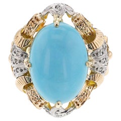 Antique Turquoise Cabochon and Diamond Ring, 18k