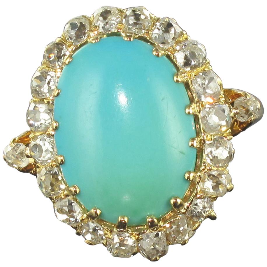 Antique Turquoise Cabochon Diamond Gold Ring