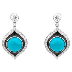 Antique Turquoise Cabochon & Diamond Marquise Frame Drop Earrings in 18K Gold