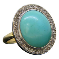 Antique Turquoise Cabochon Diamonds Cluster Yellow Gold Platinum Ring