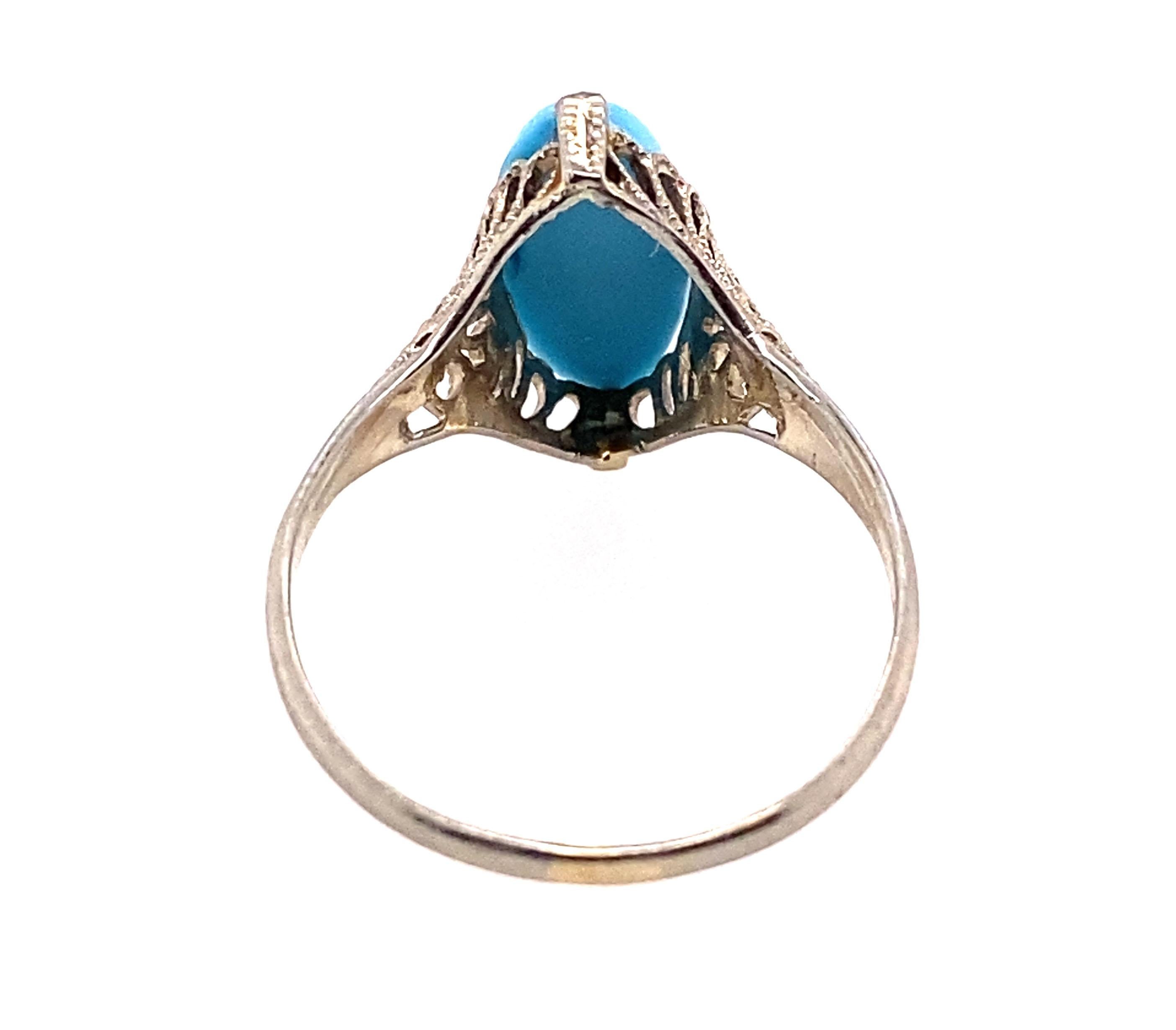 Antique Turquoise Cocktail Statement Ring 14K White Gold Vintage Deco Filigree In Good Condition In Dearborn, MI
