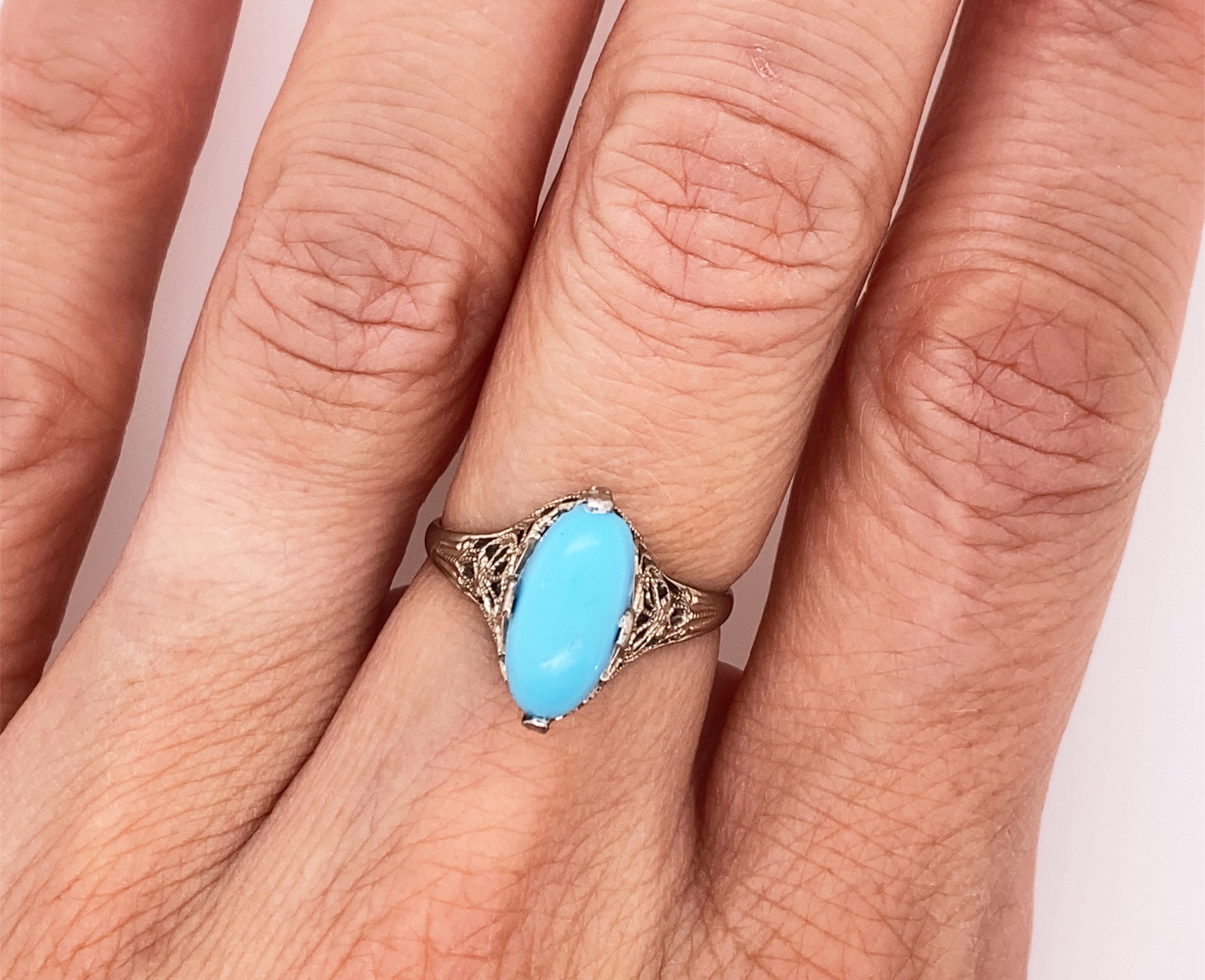 Women's Antique Turquoise Cocktail Statement Ring 14K White Gold Vintage Deco Filigree