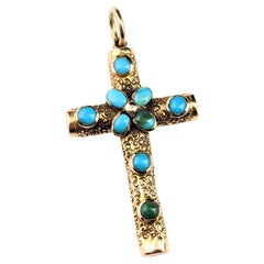 Antique Turquoise Cross pendant, 9k yellow gold, Victorian