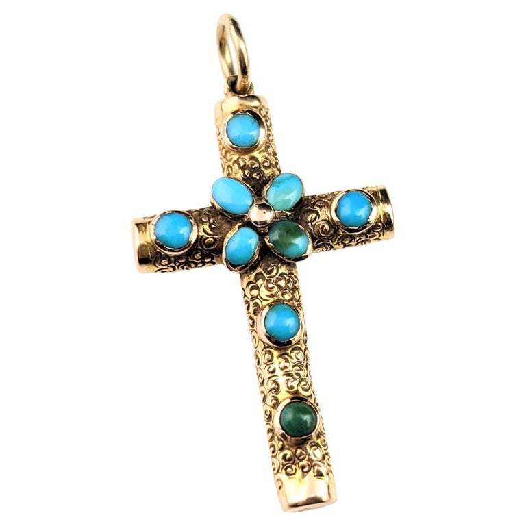 Antique Turquoise Cross pendant, 9k yellow gold, Victorian For Sale at