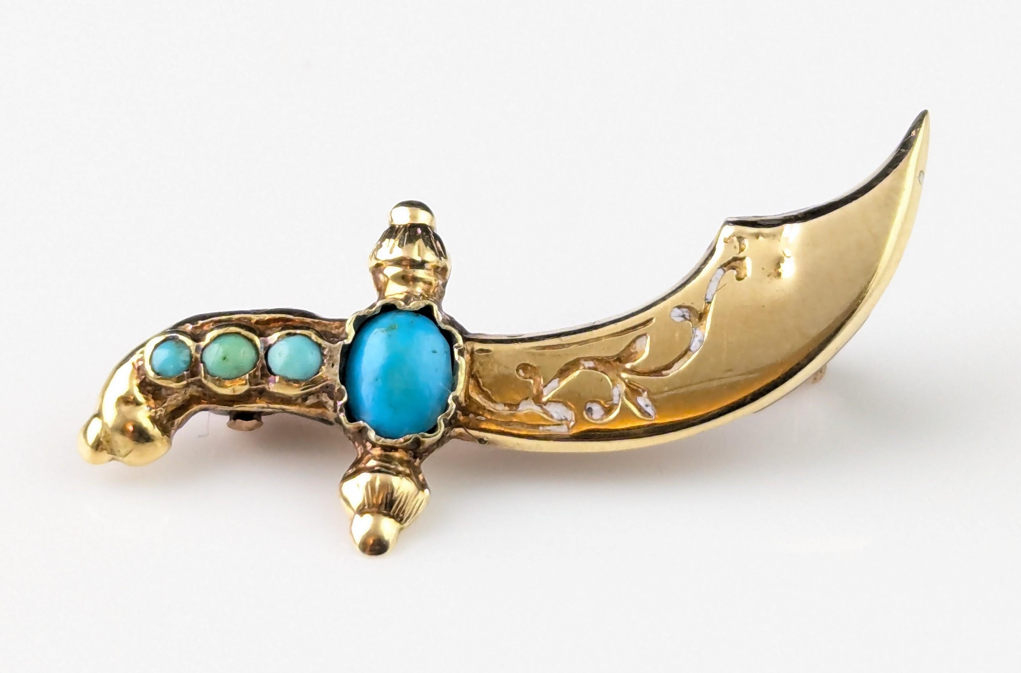 Antique Turquoise dagger brooch, 9k gold For Sale 4