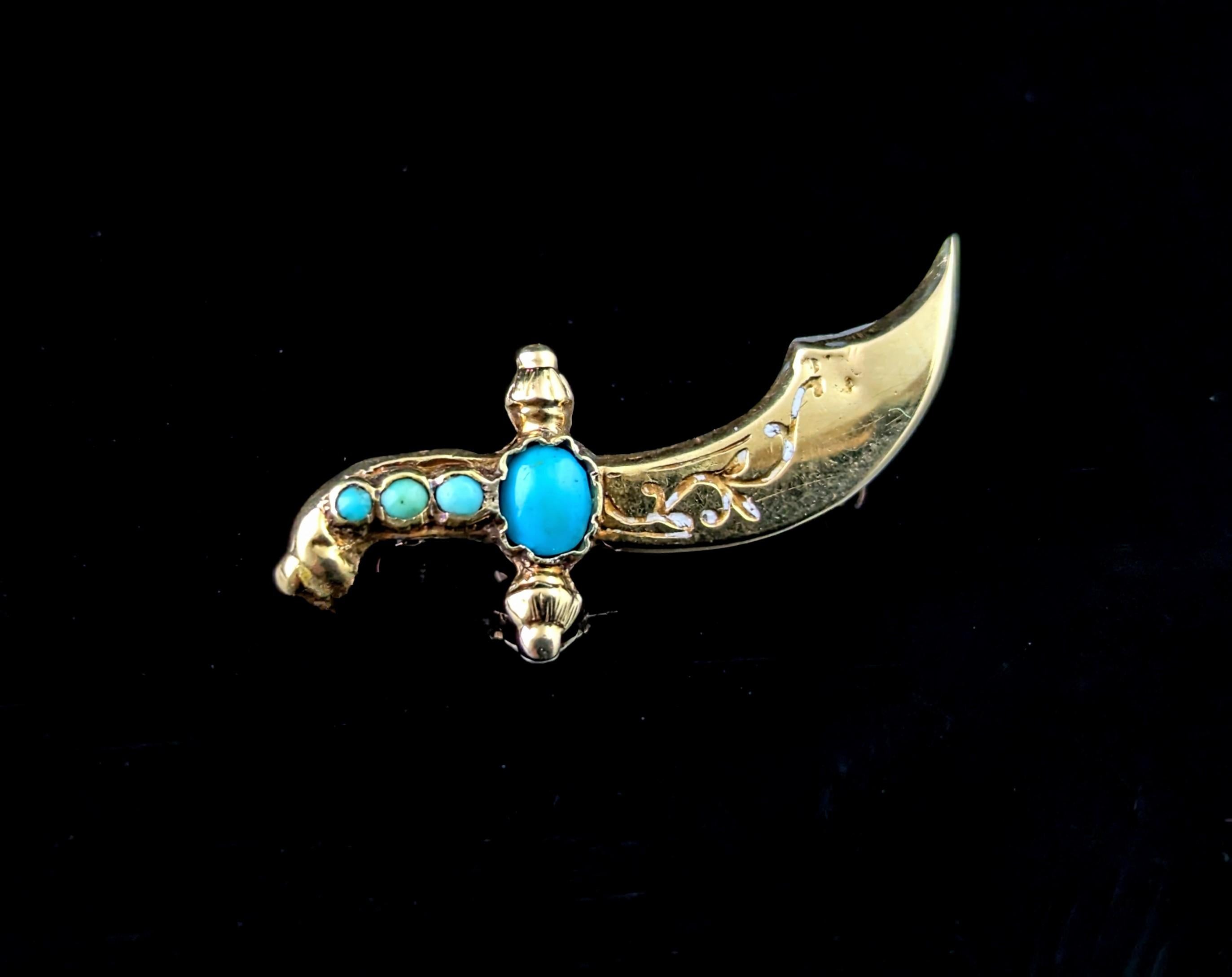 Victorian Antique Turquoise dagger brooch, 9k gold For Sale