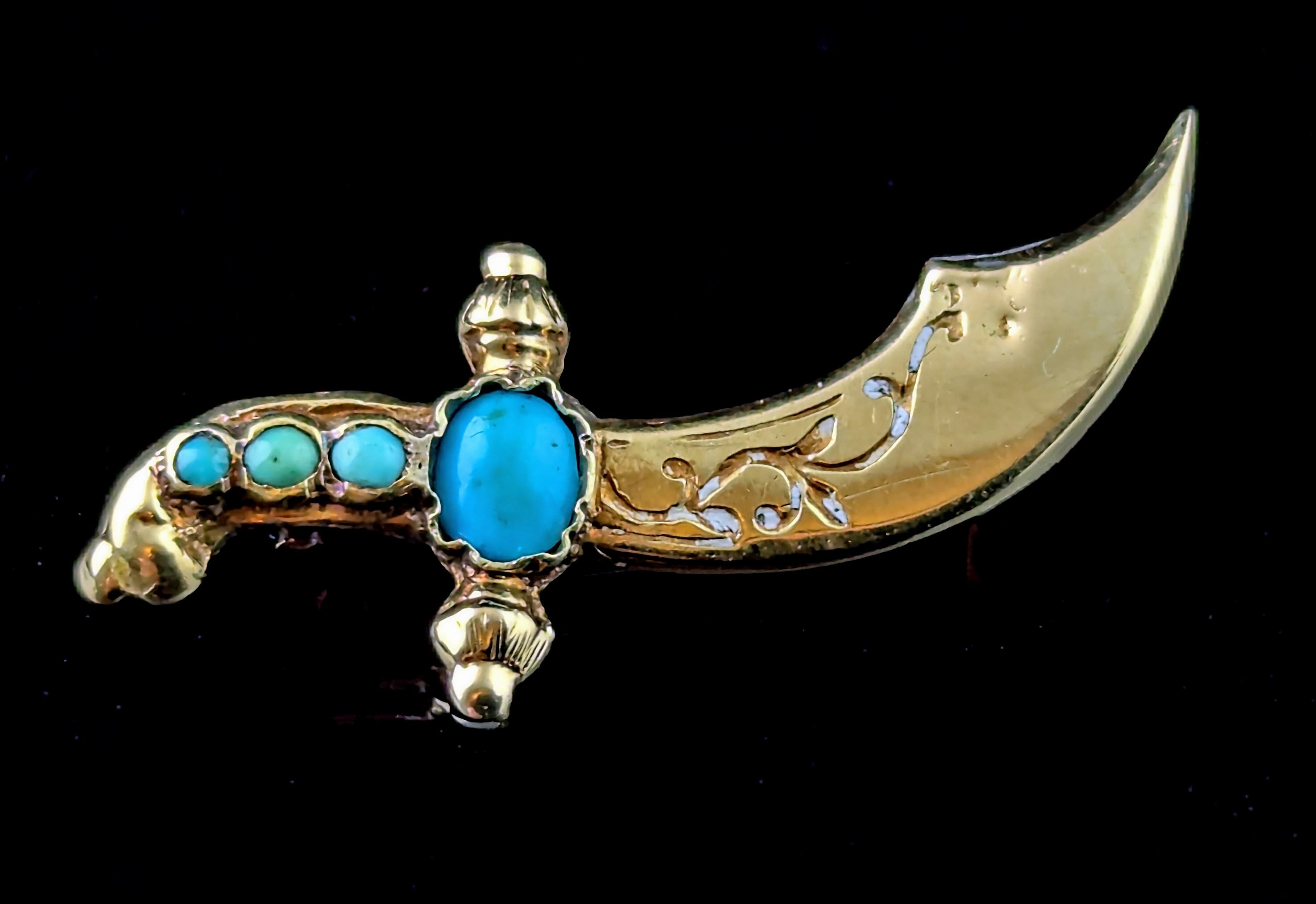 Cabochon Antique Turquoise dagger brooch, 9k gold For Sale
