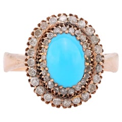 Antique Turquoise Diamond 14K Rose Gold Cluster Ring