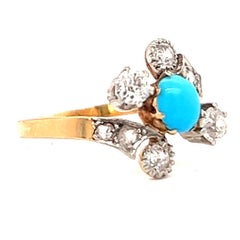 Antique Turquoise Diamond 18 Karat Rose Gold Platinum Ring