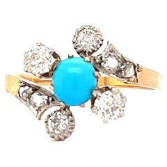 Antique Turquoise Diamond 18 Karat Rose Gold Platinum Ring