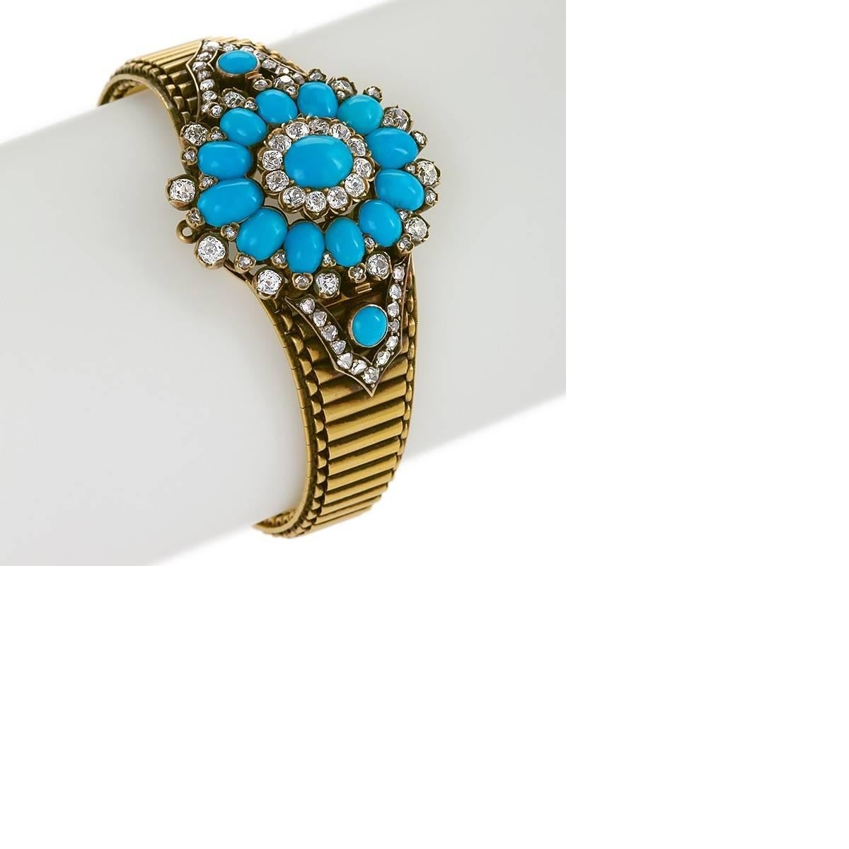 An Antique 18 karat gold bracelet with turquoise and diamonds. The bracelet has 24 Old Mine-cut diamonds with an approximate total weight of 1.50 carats, 50 rose-cut diamonds with an approximate total weight of .70 carat, and 15 turquoise cabochons.