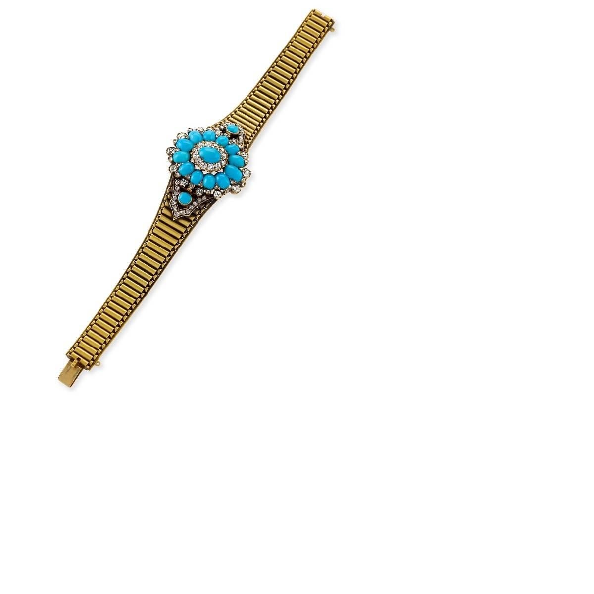 Old Mine Cut Antique Turquoise Diamond and Gold Bracelet or Pendant