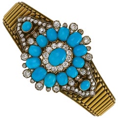 Antique Turquoise Diamond and Gold Bracelet or Pendant